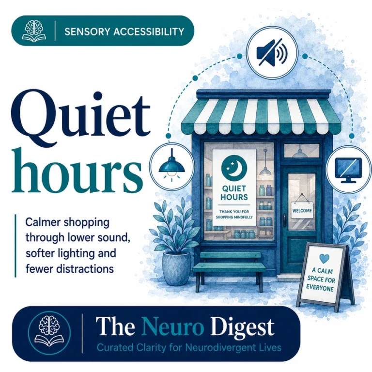 Editorial illustration about quiet hours in shops, showing a calmer retail space with reduced sound, softer lighting and fewer sensory distractions.