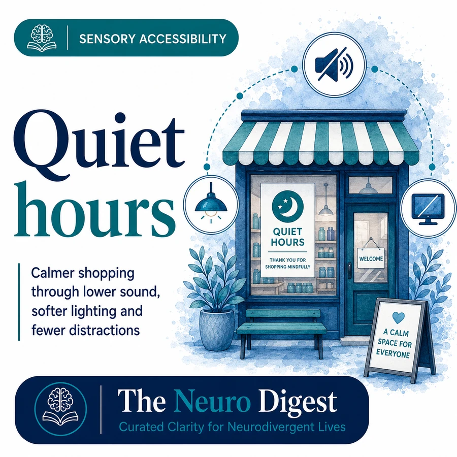 Editorial illustration about quiet hours in shops, showing a calmer retail space with reduced sound, softer lighting and fewer sensory distractions.