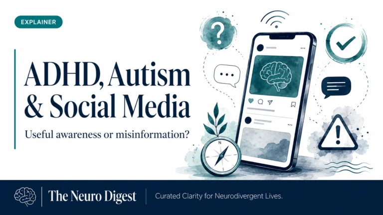 Illustration of a smartphone surrounded by a brain icon, question mark, checkmark and warning symbol, with the headline ADHD, Autism & Social Media: Useful awareness or misinformation?