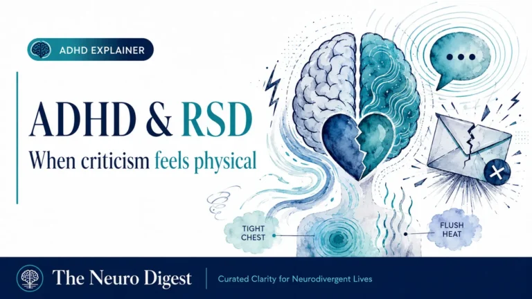 An editorial-style illustration for The Neuro Digest about ADHD and rejection sensitive dysphoria. The image shows symbolic elements representing emotional overwhelm, criticism, masking and withdrawal, with the title “ADHD & RSD: When criticism feels physical.”