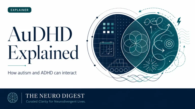 Abstract navy and teal illustration showing overlapping structured and dynamic patterns beside the title “AuDHD Explained”.