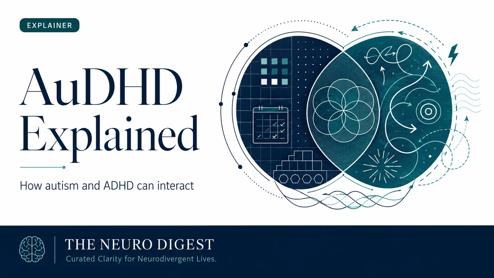 Abstract navy and teal illustration showing overlapping structured and dynamic patterns beside the title “AuDHD Explained”.