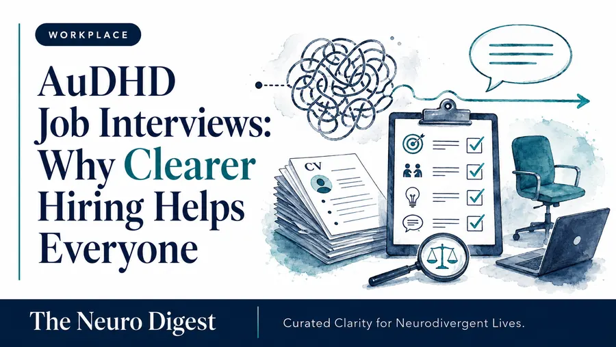 Illustration for The Neuro Digest showing AuDHD job interviews, with a tangled path becoming a clear arrow, CV papers, a checklist, laptop and fairness symbol.