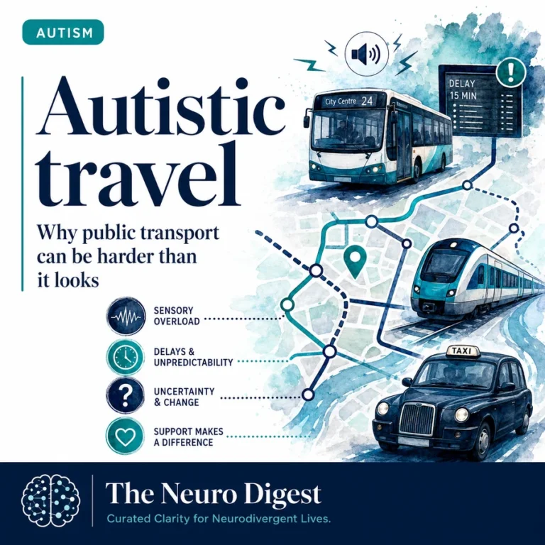 Square teal and navy editorial graphic showing a symbolic transport map with bus and train icons, representing autistic travel and public transport accessibility.