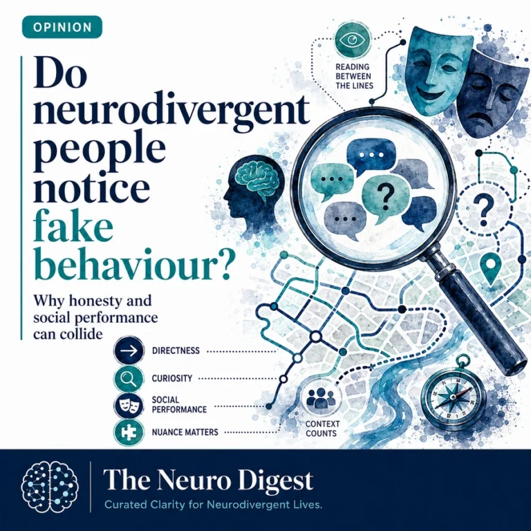 Infographic for The Neuro Digest showing the title “Do neurodivergent people notice fake behaviour?” with a magnifying glass examining speech bubbles, social masks and communication cues.