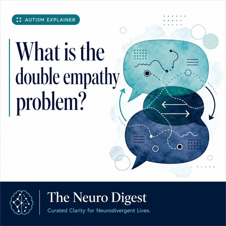 Editorial graphic for The Neuro Digest explaining the double empathy problem, showing symbolic overlapping speech bubbles and communication patterns to represent mutual misunderstanding between autistic and non-autistic people.
