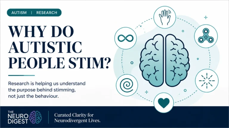 Infographic titled "Why Do Autistic People Stim?" showing a stylised brain surrounded by symbols representing different forms of stimming. The image highlights research exploring the purpose of stimming rather than simply describing the behaviour.