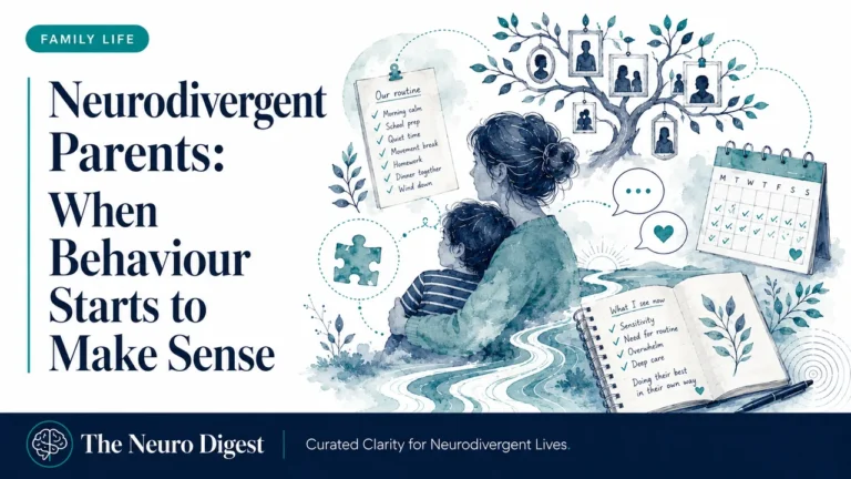 Editorial infographic for The Neuro Digest titled “Neurodivergent Parents: When Behaviour Starts to Make Sense”, with a parent and child, family tree, routine checklist, calendar, notebook and symbolic neurodivergence motifs in navy and teal.