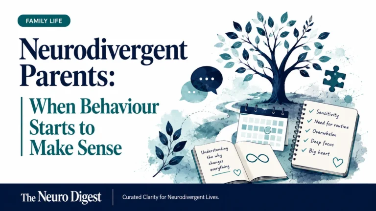Editorial infographic for The Neuro Digest titled “Neurodivergent Parents: When Behaviour Starts to Make Sense”, with a parent and child, family tree, routine checklist, calendar, notebook and symbolic neurodivergence motifs in navy and teal.