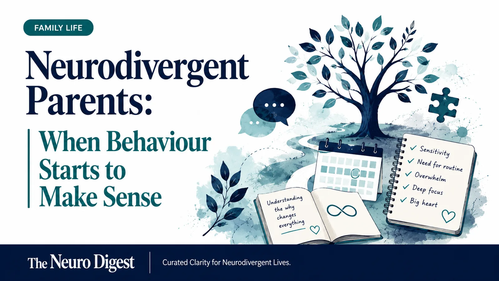 Editorial infographic for The Neuro Digest titled “Neurodivergent Parents: When Behaviour Starts to Make Sense”, with a parent and child, family tree, routine checklist, calendar, notebook and symbolic neurodivergence motifs in navy and teal.