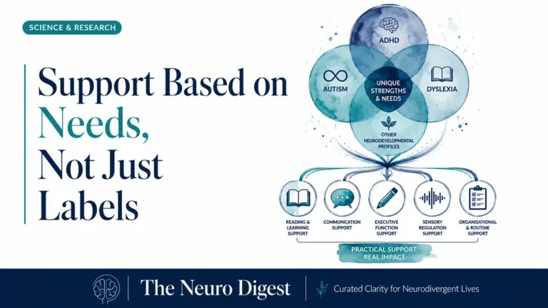 Illustration showing overlapping ADHD, autism, dyslexia and other neurodevelopmental profiles, with different support needs below them. Text reads: “Support based on needs, not just labels.”